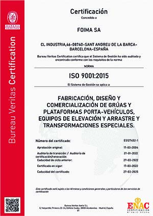 Certificación concedida a FOIMA, S.A., por cumplir la Norma ISO 9001:2015