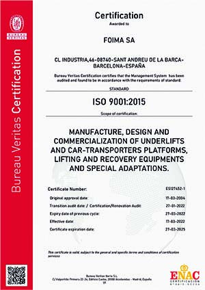 Certification awared to FOIMA, S.A., by Standard ISO 9001:2015