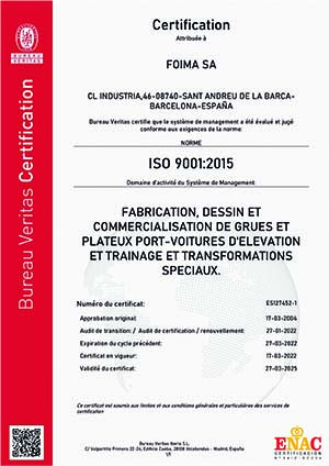 Certification attribuée à FOIMA, S.A., par Norme ISO 9001:2015