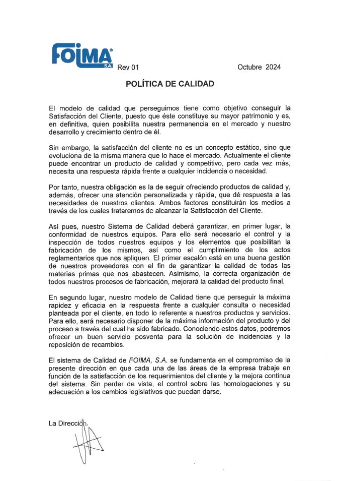 Política de Calidad de FOIMA, S. A.